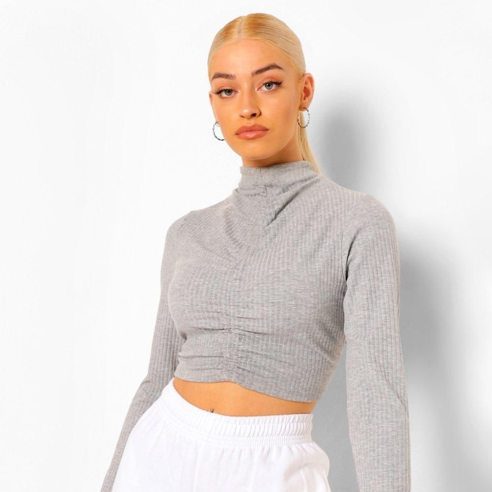 NWT - Boohoo - Soft Rib Ruched High Neck Top